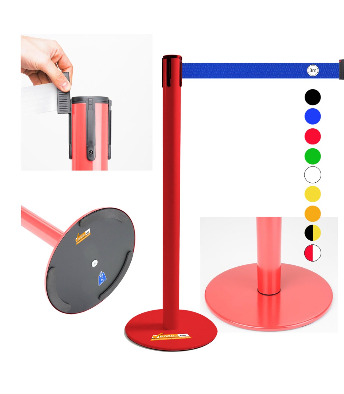 COLONNINA ROSSA A NASTRO MULTICOLORE SEGNA PERCORSO BASE PIATTA ANTI INCIAMPO