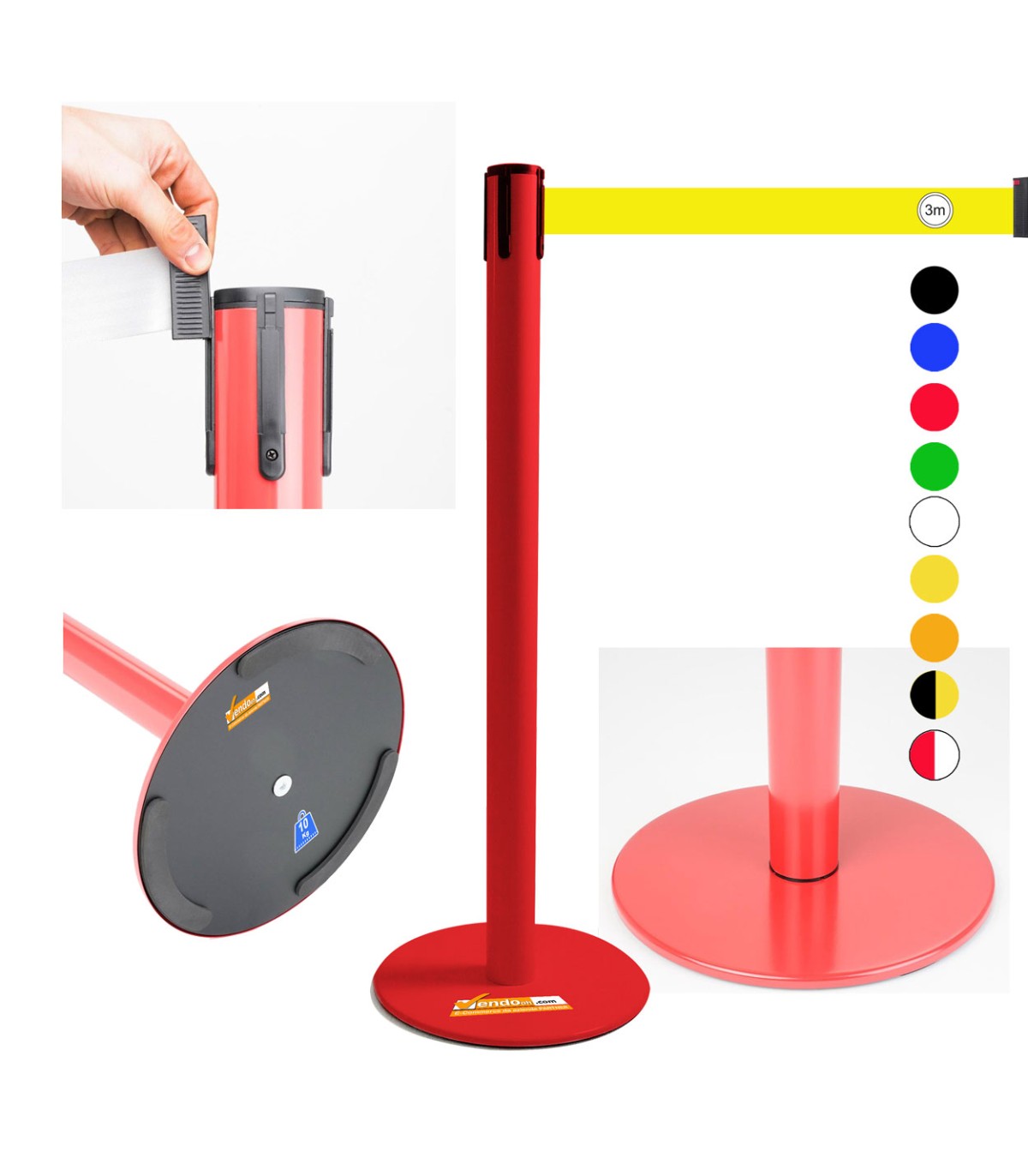 COLONNINA ROSSA A NASTRO MULTICOLORE SEGNA PERCORSO BASE PIATTA ANTI INCIAMPO