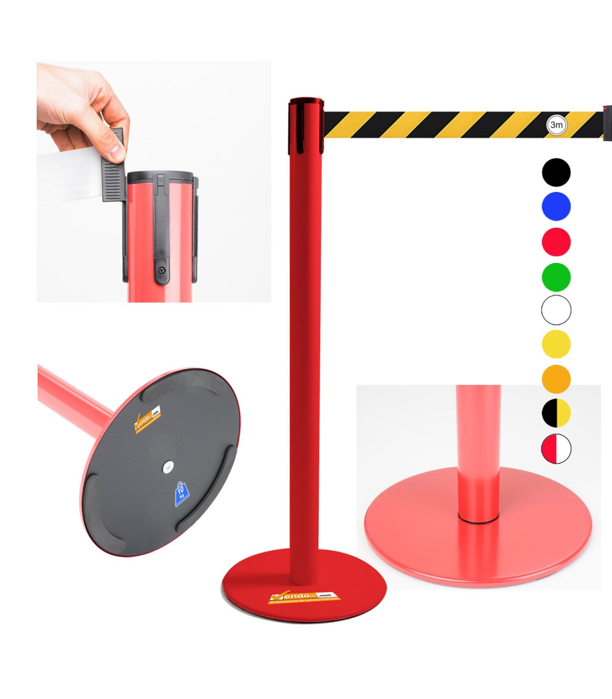 COLONNINA ROSSA A NASTRO MULTICOLORE SEGNA PERCORSO BASE PIATTA ANTI INCIAMPO