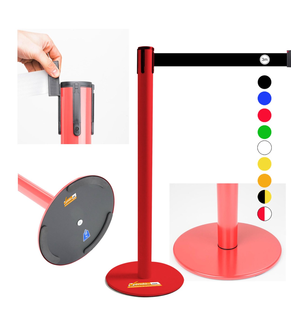 COLONNINA ROSSA A NASTRO MULTICOLORE SEGNA PERCORSO BASE PIATTA ANTI INCIAMPO