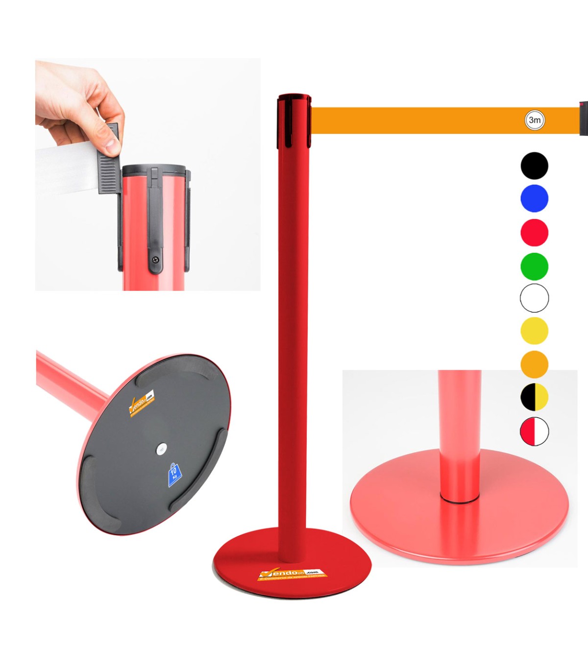 COLONNINA ROSSA A NASTRO MULTICOLORE SEGNA PERCORSO BASE PIATTA ANTI INCIAMPO