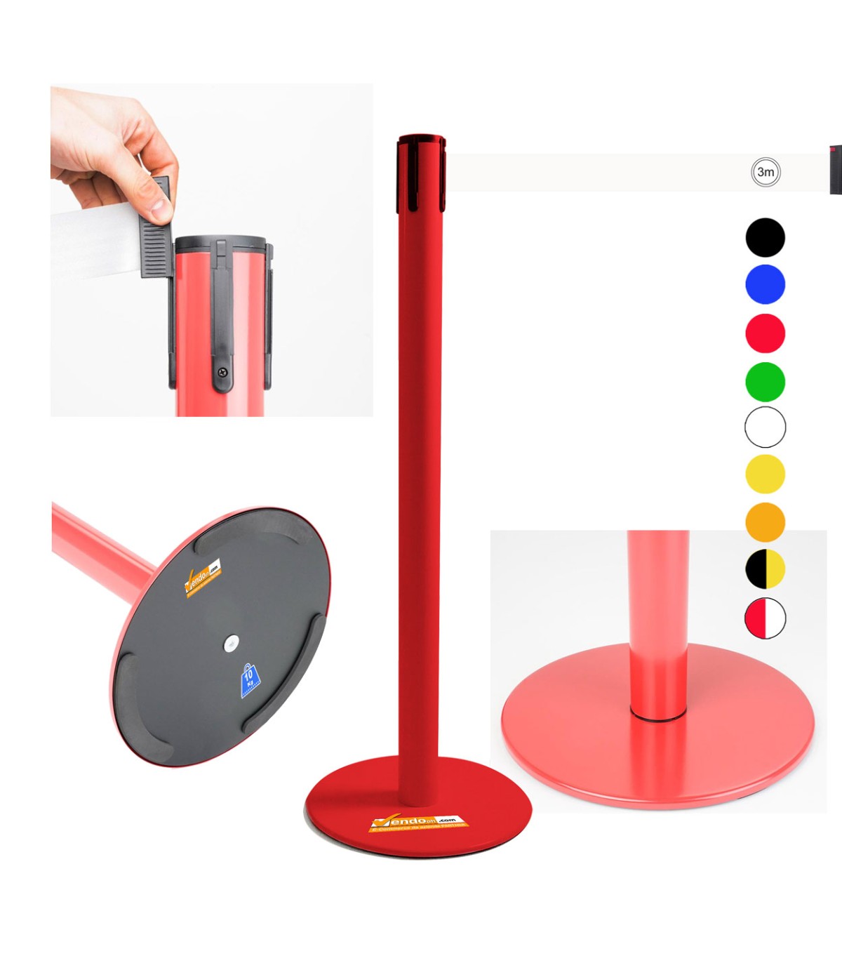 COLONNINA ROSSA A NASTRO MULTICOLORE SEGNA PERCORSO BASE PIATTA ANTI INCIAMPO