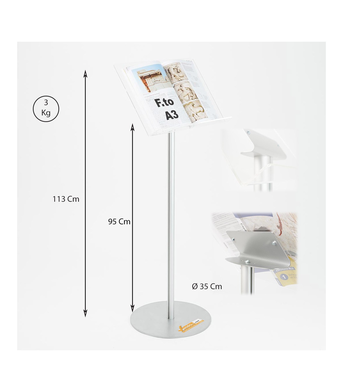 ESPOSITORE PUBBLICITARIO A LEGGIO PORTA LOCANDINE AVVISI DEPLIANT BASE METALLO