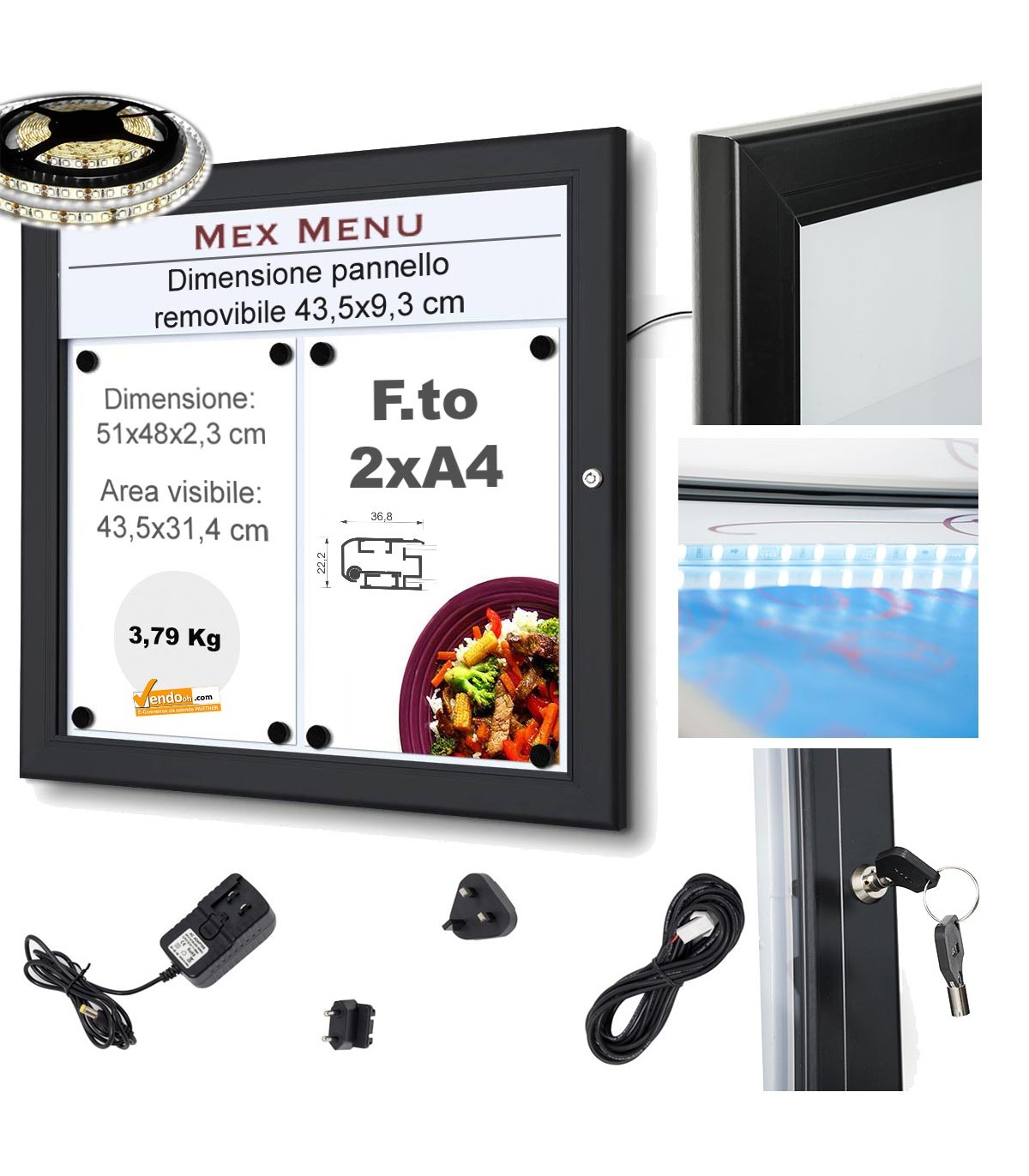 BACHECA DA ESTERNO A LED,IN ALLUMINIO,COLORE NERO,CON SERRATURA E CHIAVE INCLUSI
