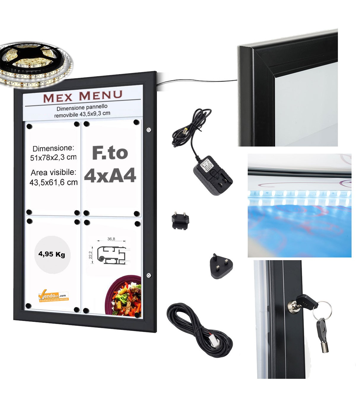 BACHECA DA ESTERNO A LED,IN ALLUMINIO,COLORE NERO,CON SERRATURA E CHIAVE INCLUSI