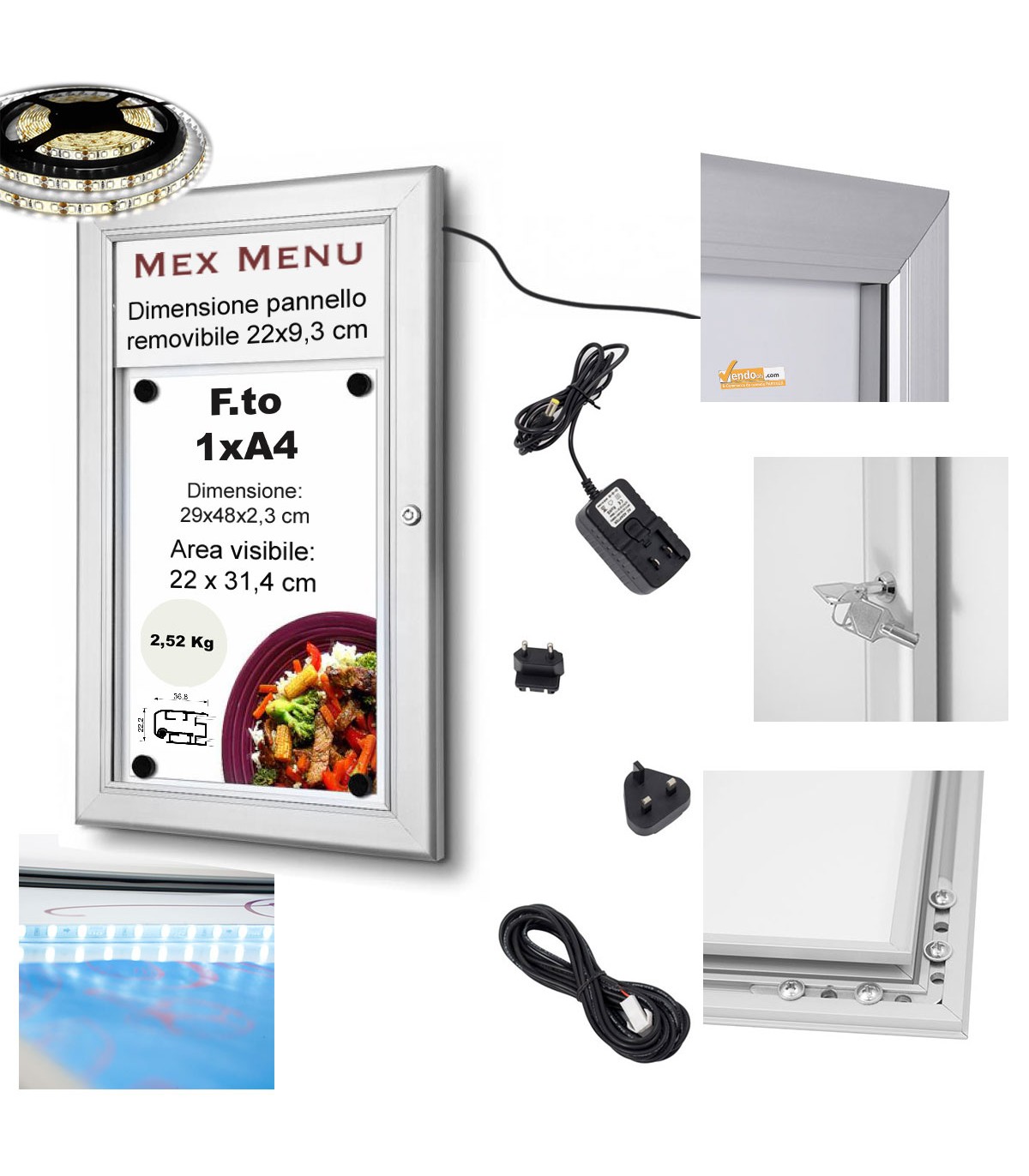 1XA4 BACHECA PORTA MENU ESTERNI LUMINOSA A LED, LOGO O REMOVIBILE, PROFILI SILVER 