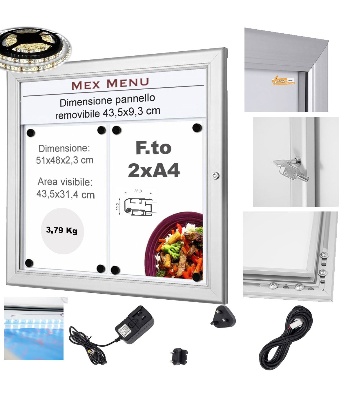 BACHECA PORTA MENU ESTERNI LUMINOSA A LED, LOGO O REMOVIBILE, PROFILI SILVER 