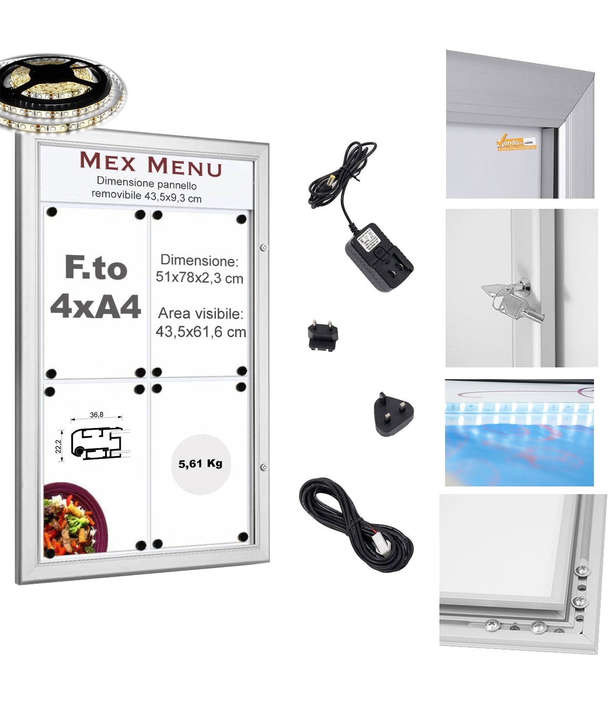 BACHECA PORTA MENU ESTERNI LUMINOSA A LED, LOGO O REMOVIBILE, PROFILI SILVER 