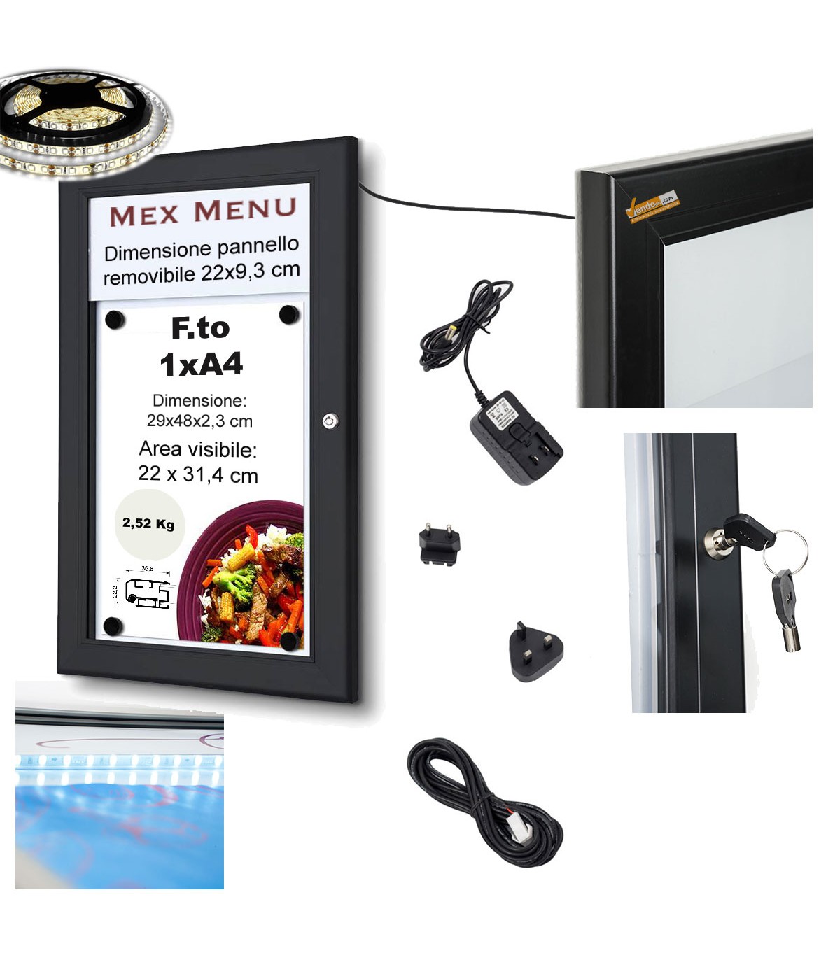 1XA4 BACHECA DA ESTERNO A LED,IN ALLUMINIO,COLORE NERO,CON SERRATURA E CHIAVE INCLUSI