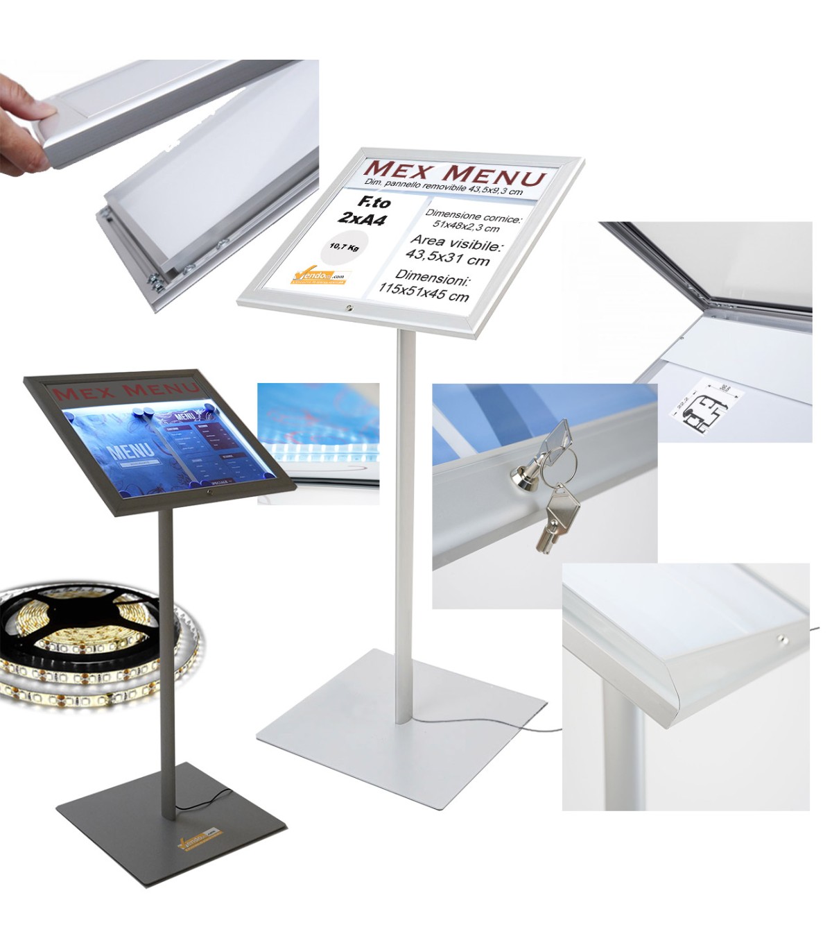 PORTA MENU DA PAVIMENTO ILLUMINATO DA ESTERNO FORMATO 2XA4 BACHECA LUCE LED 220V