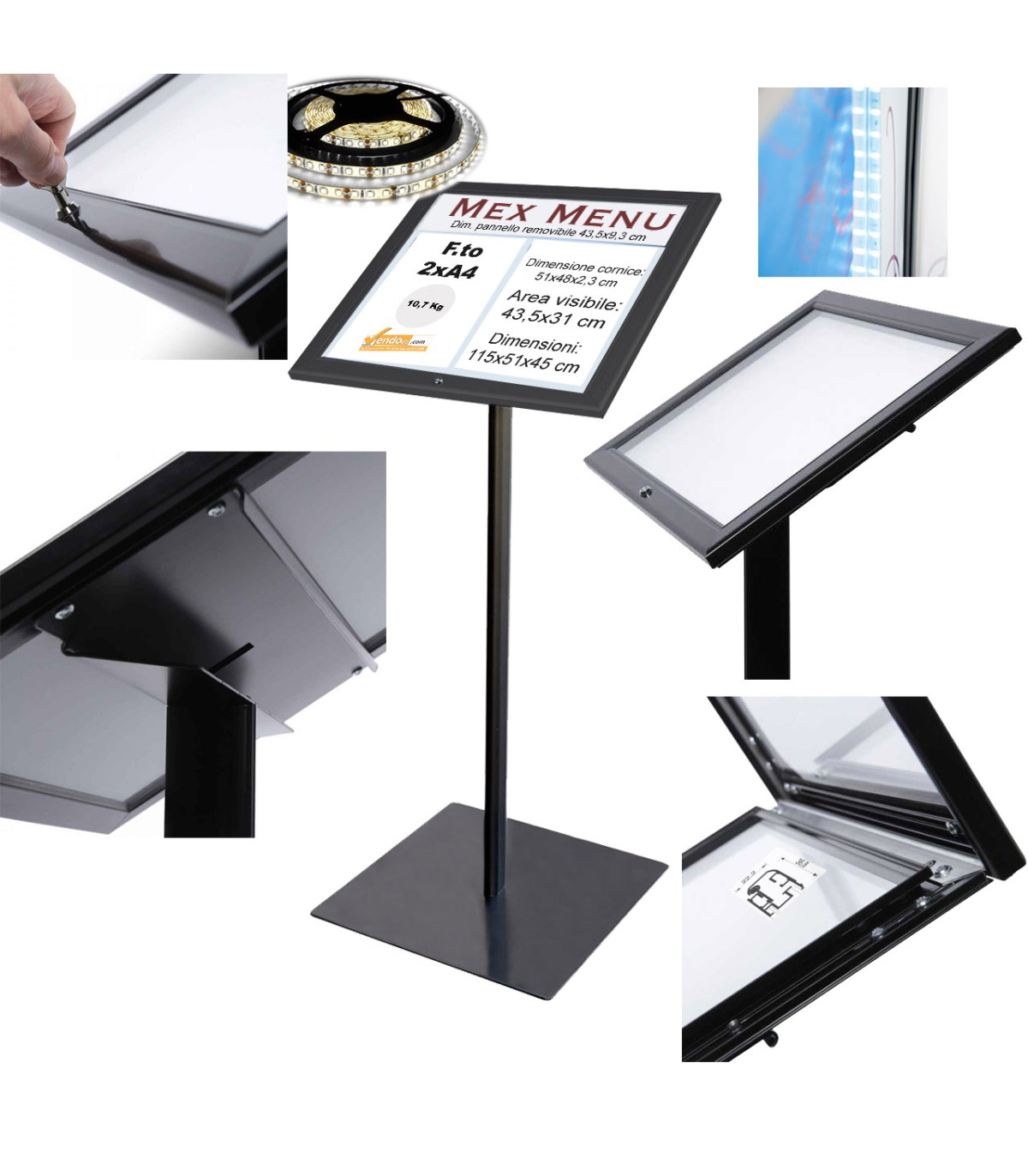 PORTA MENU DA PAVIMENTO MARCIAPIEDE ILLUMINATO F.TO 2XA4 BACHECA LUCE LED 220V