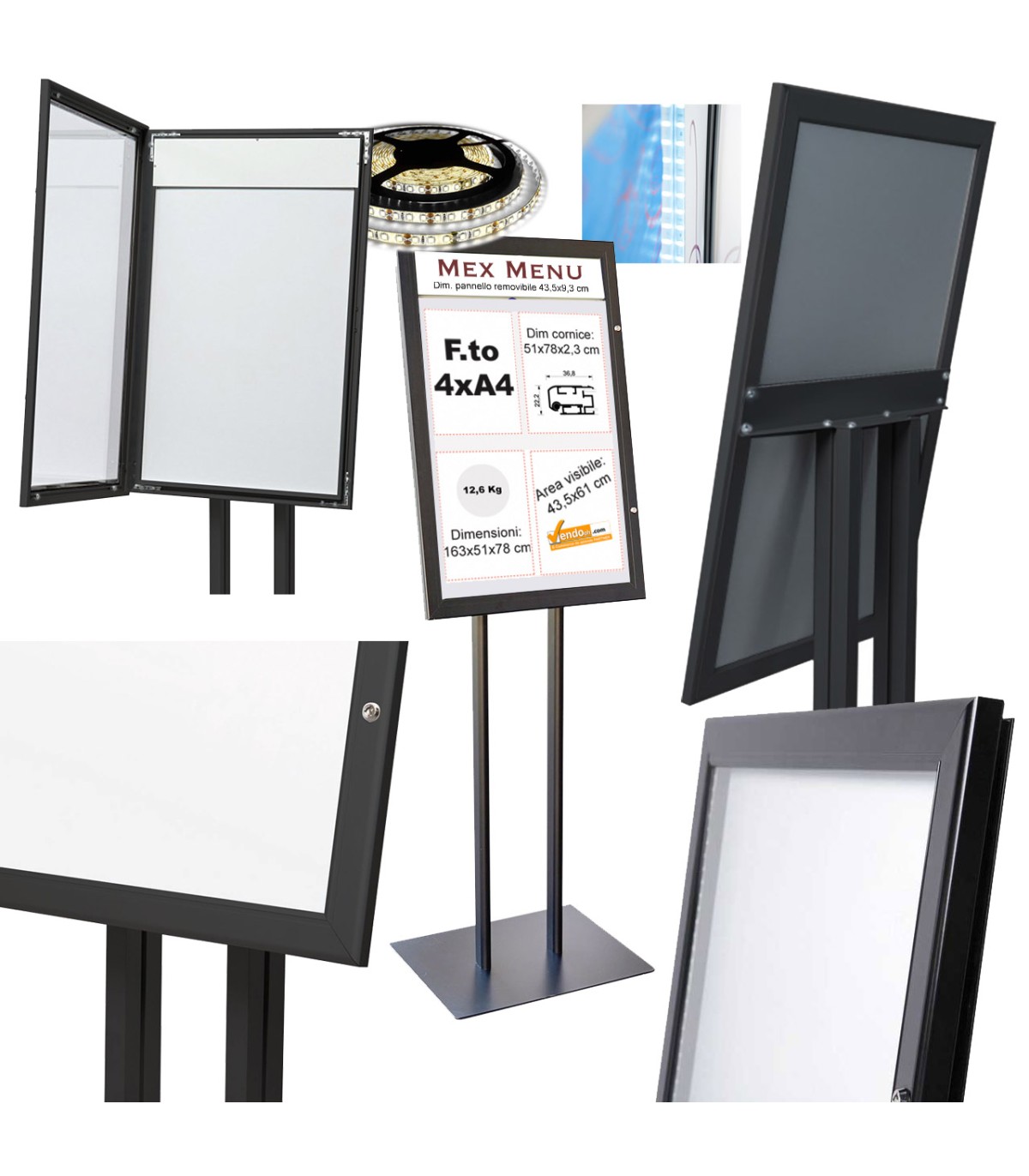 TABLERO DE ANUNCIOS CON LUZ LED PARA EXTERIOR AUTOPORTANTE PORTA MENÚS DE SUELO FTO 4XA4