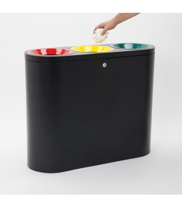 PATTUMIERA CESTINO BIDONE IN METALLO NERO RACCOLTA DIFFERENZIATA A TRE SCOMPARTI
