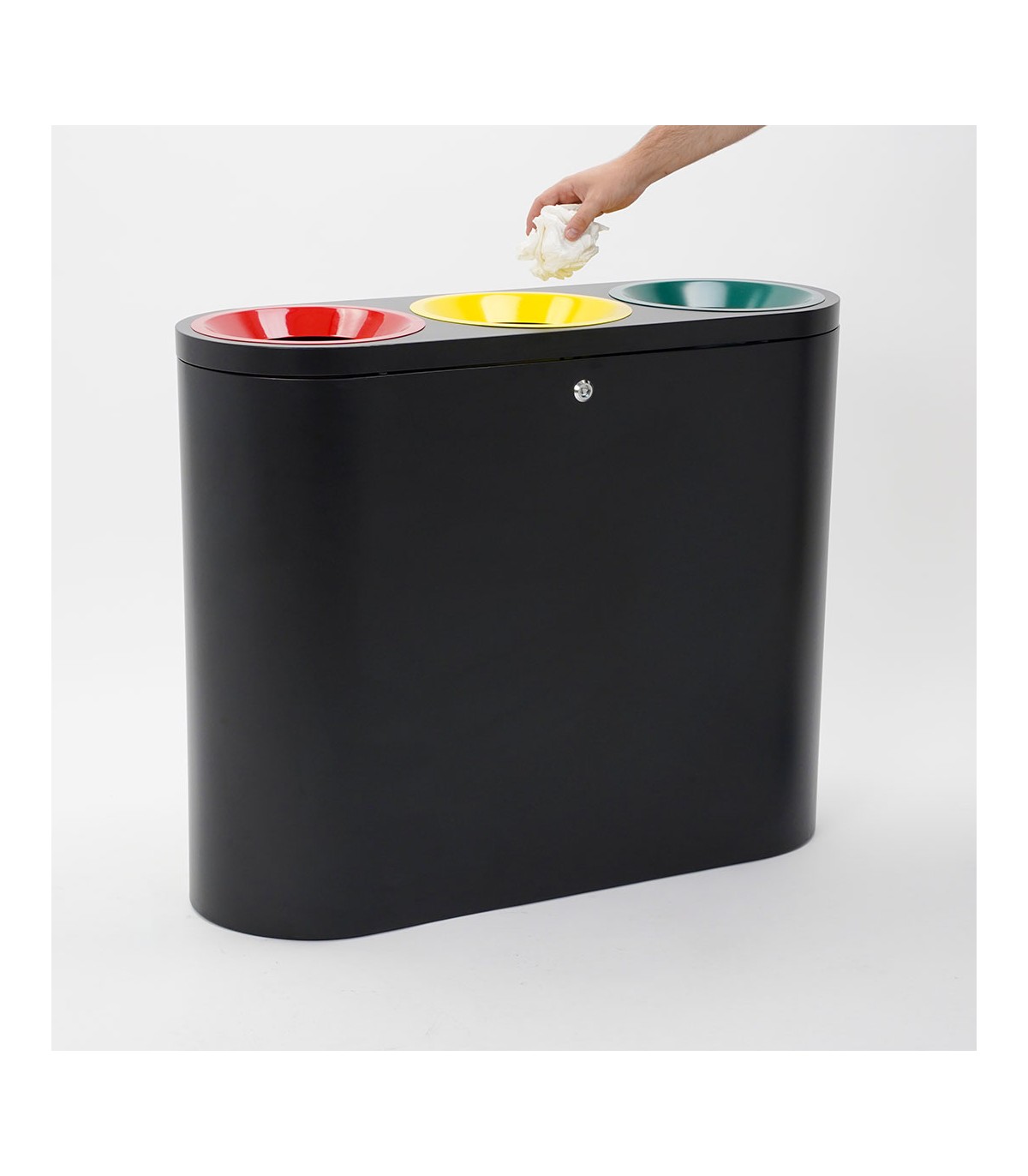 PATTUMIERA CESTINO BIDONE IN METALLO NERO RACCOLTA DIFFERENZIATA A TRE SCOMPARTI