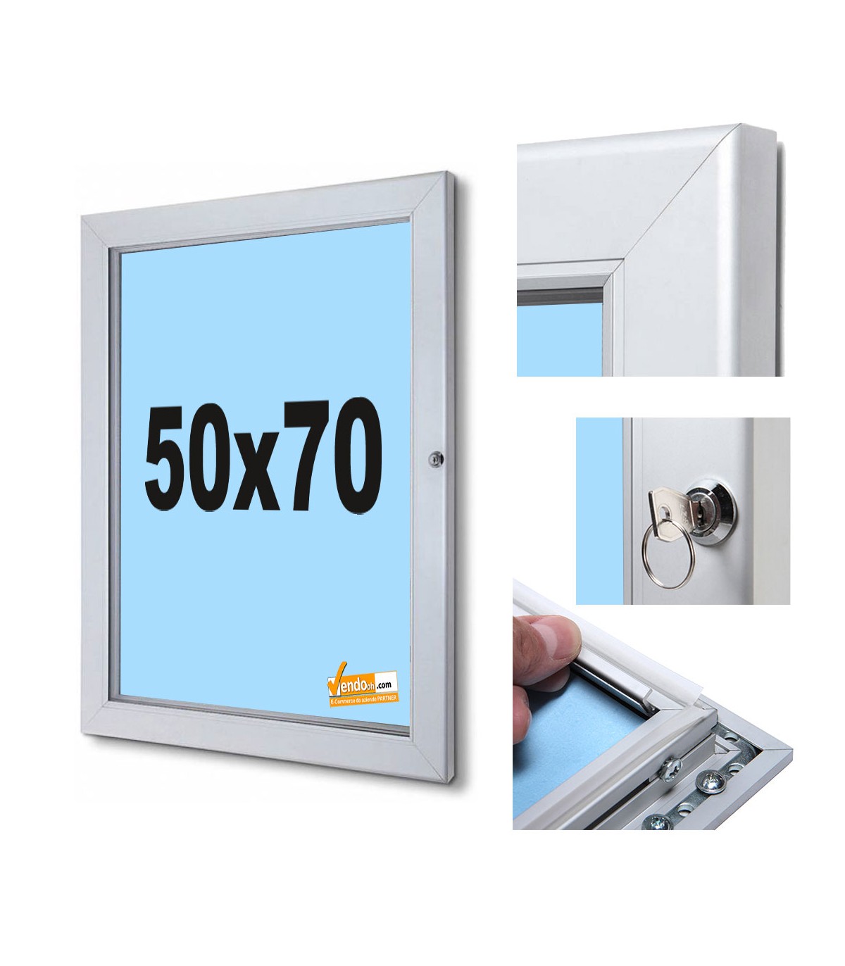 BACHECA IN ALLUMINIO PORTA POSTER A3 A4 50X70 70X100 APERTURA A LIBRO SERRATURA