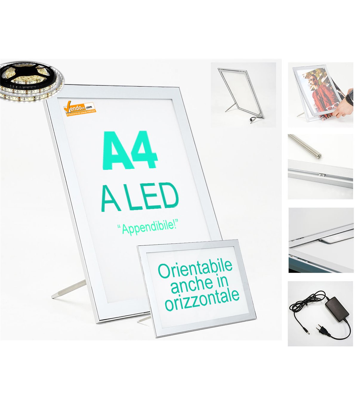 CORNICE RETRO ILLUMINATA A LED FORMATO A4 DA TAVOLO E PARETE PORTA FOTO E DEPLIANT IN ALLUMINIO