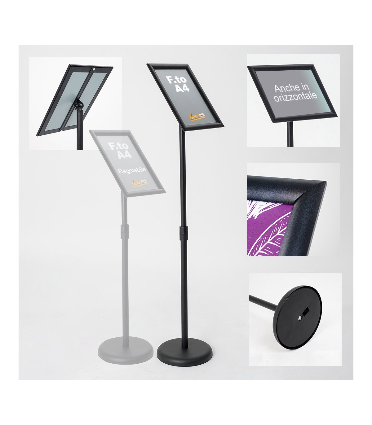 ESPOSITORE PUBBLICITARIO A LEGGIO DA PAVIMENTO CON CORNICE E BASE FORMATO A4