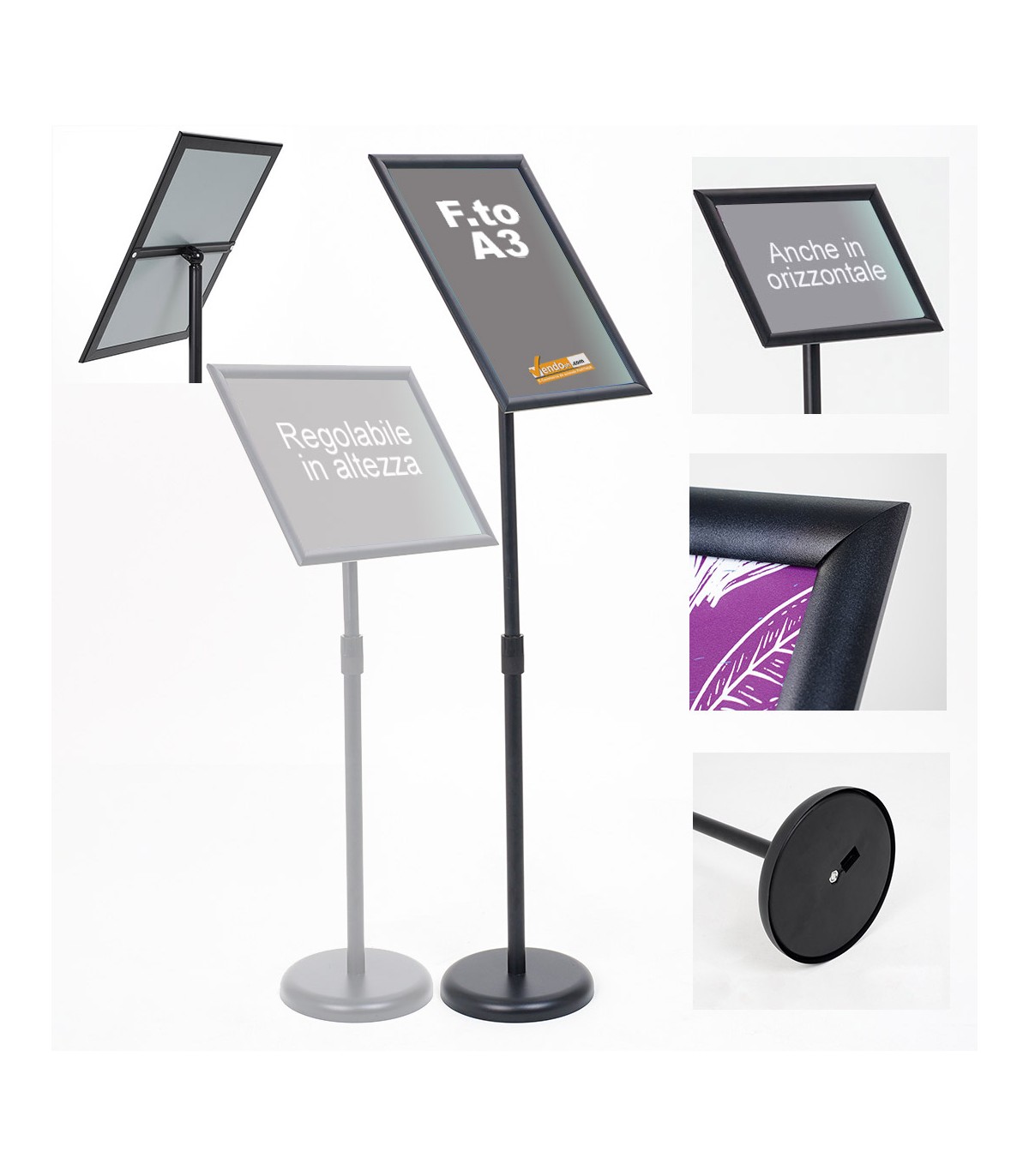 ESPOSITORE PUBBLICITARIO A LEGGIO DA PAVIMENTO CON CORNICE E BASE FORMATO A4