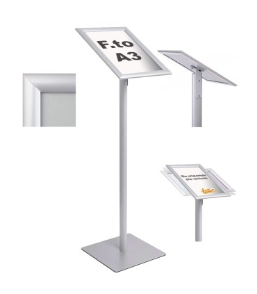 ESPOSITORE PUBBLICITARIO DA PAVIMENTO IN METALLO CON CORNICE PORTA AVVISI IN FORMATO A3 ORIENTABILE SIA IN VERTICALE CHE IN ORIZ