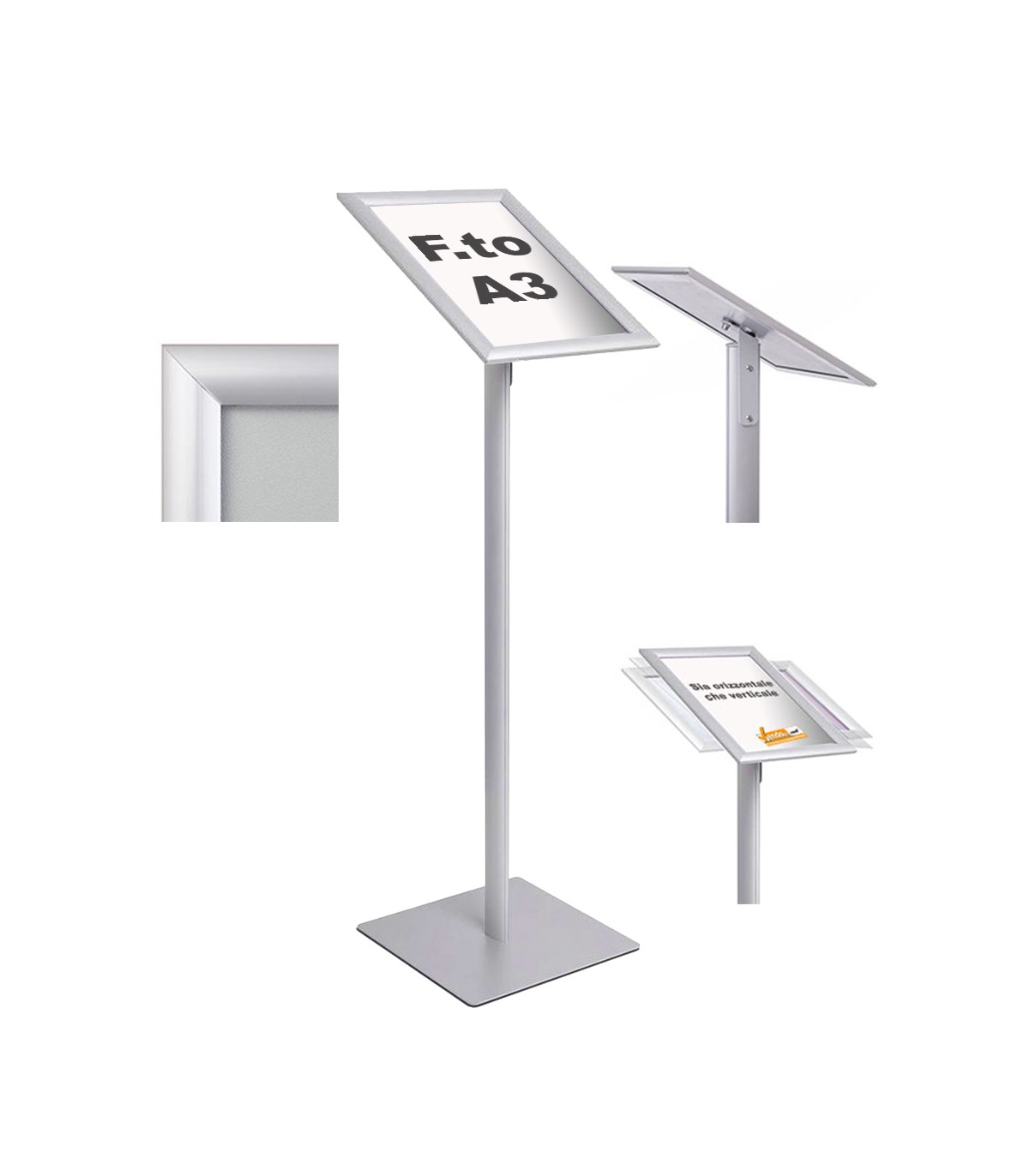 ESPOSITORE PUBBLICITARIO A LEGGIO DA PAVIMENTO CON CORNICE E BASE FORMATO A4