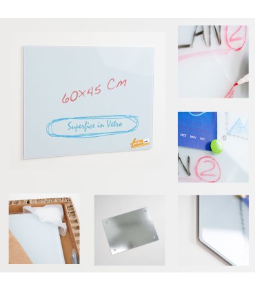 LAVAGNA MAGNETICA IN VETRO TEMPRATO 60X45 CM SCRIVIBILE COMPLETA DI DISTANZIALI DA MURO