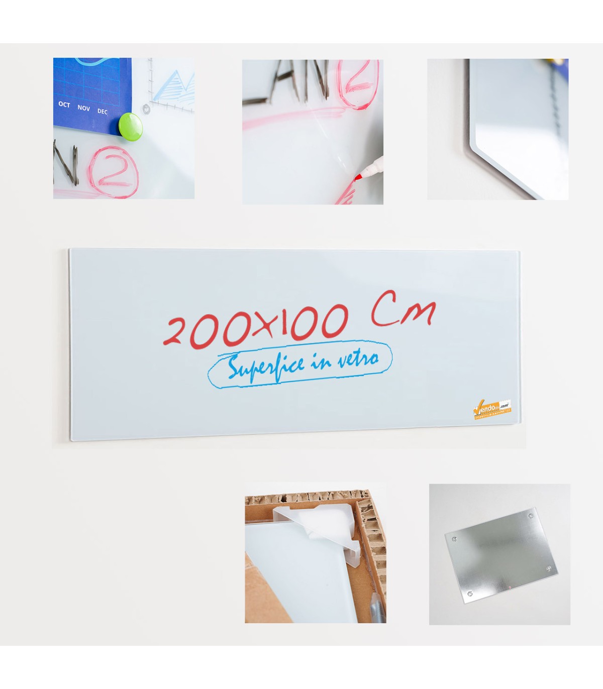 LAVAGNA MAGNETICA IN VETRO TEMPRATO 200X150 CM SCRIVIBILE COMPLETA DI DISTANZIALI DA MURO