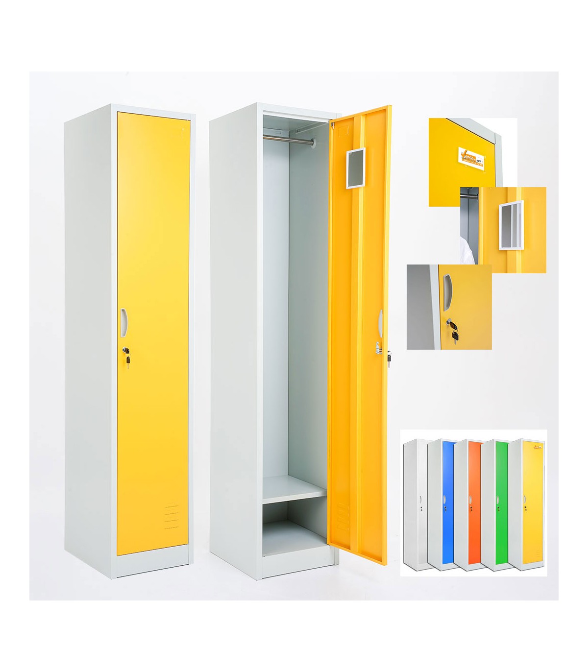 ARMADIETTI SPOGLIATOIO IN METALLO 38X180X42 - 1 ANTA FINITURE GRIGIO BLU ARANCIONE GIALLO VERDE