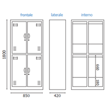 ARMADIETTI SPOGLIATOIO IN METALLO 85X180X42 - 4 ANTE SOVRAPPOSTE GRIGIO BLU ARANCIONE GIALLO VERDE