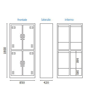 ARMADIETTI SPOGLIATOIO IN METALLO 85X180X42 - 4 ANTE SOVRAPPOSTE GRIGIO BLU ARANCIONE GIALLO VERDE