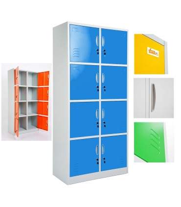 ARMADIETTI SPOGLIATOIO IN METALLO 85X180X42 - 8 ANTE SOVRAPPOSTE COLORE GRIGIO BLU ARANCIONE GIALLO VERDE