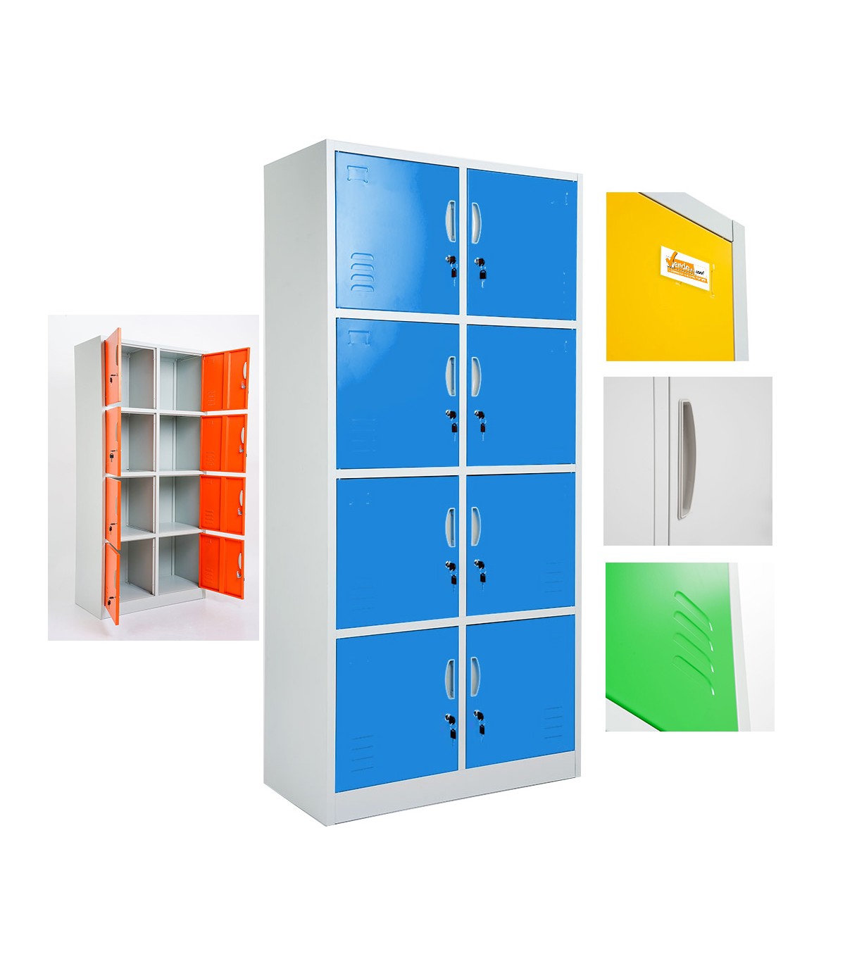 ARMADIETTI SPOGLIATOIO IN METALLO 85X180X42 - 8 ANTE SOVRAPPOSTE COLORE GRIGIO BLU ARANCIONE GIALLO VERDE