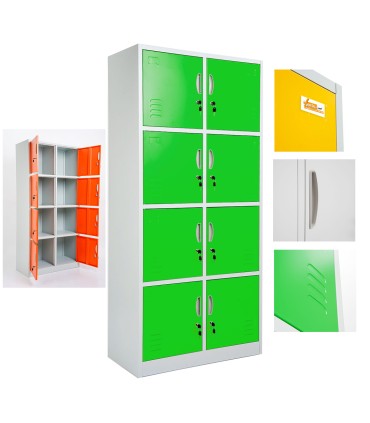 ARMADIETTI SPOGLIATOIO IN METALLO 85X180X42 - 8 ANTE SOVRAPPOSTE COLORE GRIGIO BLU ARANCIONE GIALLO VERDE