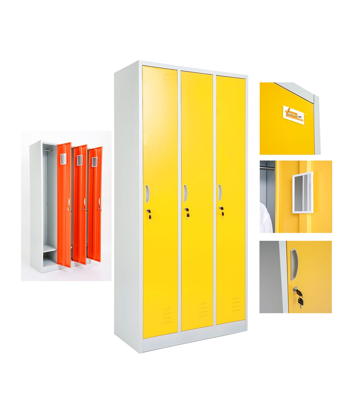 ARMADIETTI SPOGLIATOIO IN METALLO 85X180X42 - 3 ANTE AFFIANCATE FINITURE GRIGIO BLU ARANCIONE GIALLO VERDE