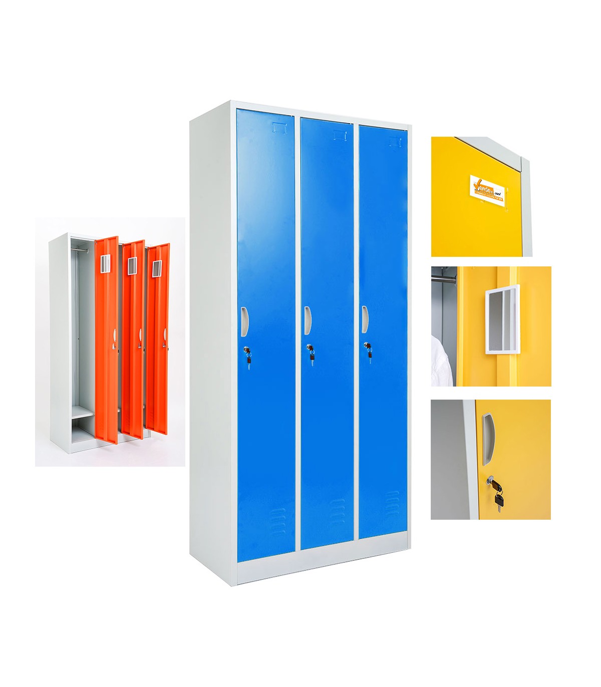 ARMADIETTI SPOGLIATOIO IN METALLO 85X180X42 - 3 ANTE AFFIANCATE FINITURE GRIGIO BLU ARANCIONE GIALLO VERDE
