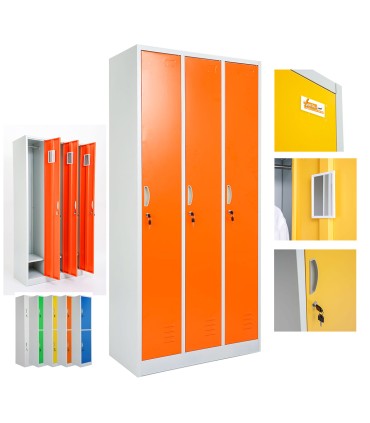 ARMADIETTI SPOGLIATOIO IN METALLO 85X180X42 - 3 ANTE AFFIANCATE FINITURE GRIGIO BLU ARANCIONE GIALLO VERDE