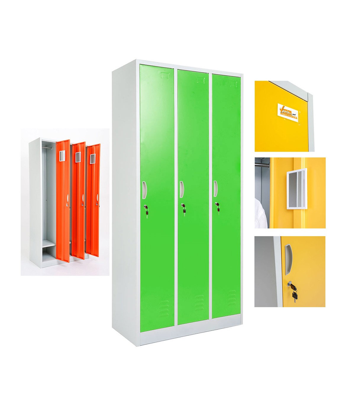 ARMADIETTI SPOGLIATOIO IN METALLO 85X180X42 - 3 ANTE AFFIANCATE FINITURE GRIGIO BLU ARANCIONE GIALLO VERDE