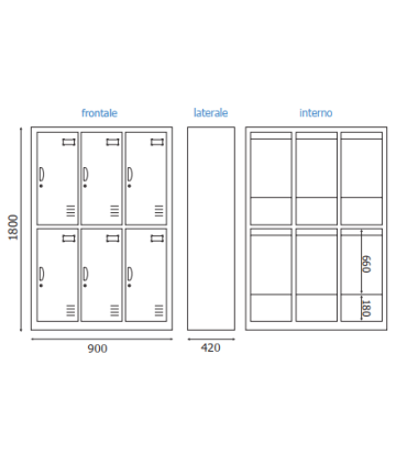 ARMADIETTI SPOGLIATOIO IN METALLO 90X180X42 - 6 ANTE SOVRAPPOSTE FINITURE GRIGIO BLU ARANCIONE GIALLO VERDE
