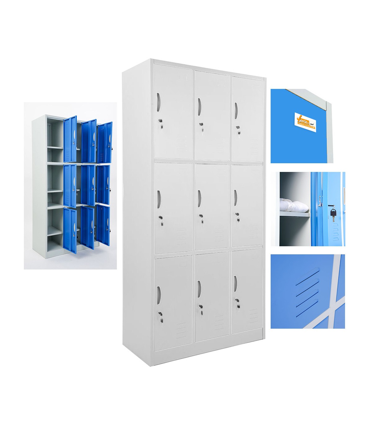 ARMADIETTI SPOGLIATOIO IN METALLO 90X180X42 - 9 ANTE SOVRAPPOSTE FINITURE GRIGIO BLU ARANCIONE GIALLO VERDE