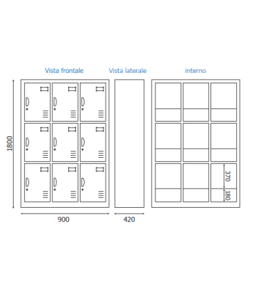 ARMADIETTI SPOGLIATOIO IN METALLO 90X180X42 - 9 ANTE SOVRAPPOSTE FINITURE GRIGIO BLU ARANCIONE GIALLO VERDE