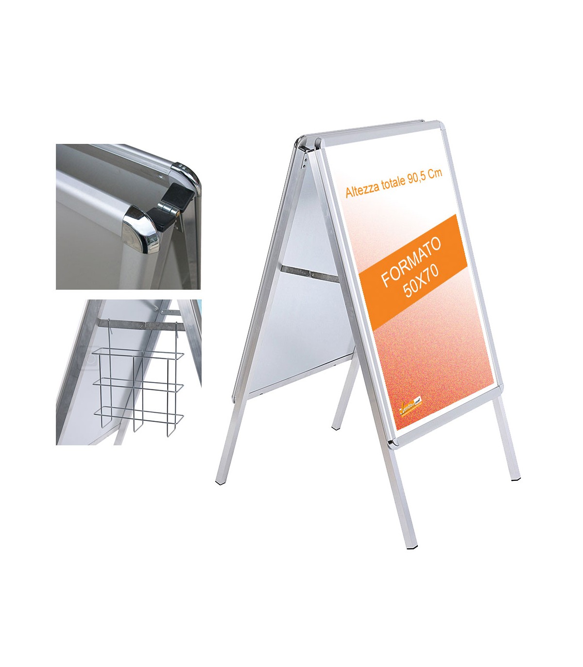 ESPOSITORE PUBBLICITARIO A CAVALETTO BIFACCIALE 50x70 CM IN ALLUMINIO CON CORNICI A ASCATTO