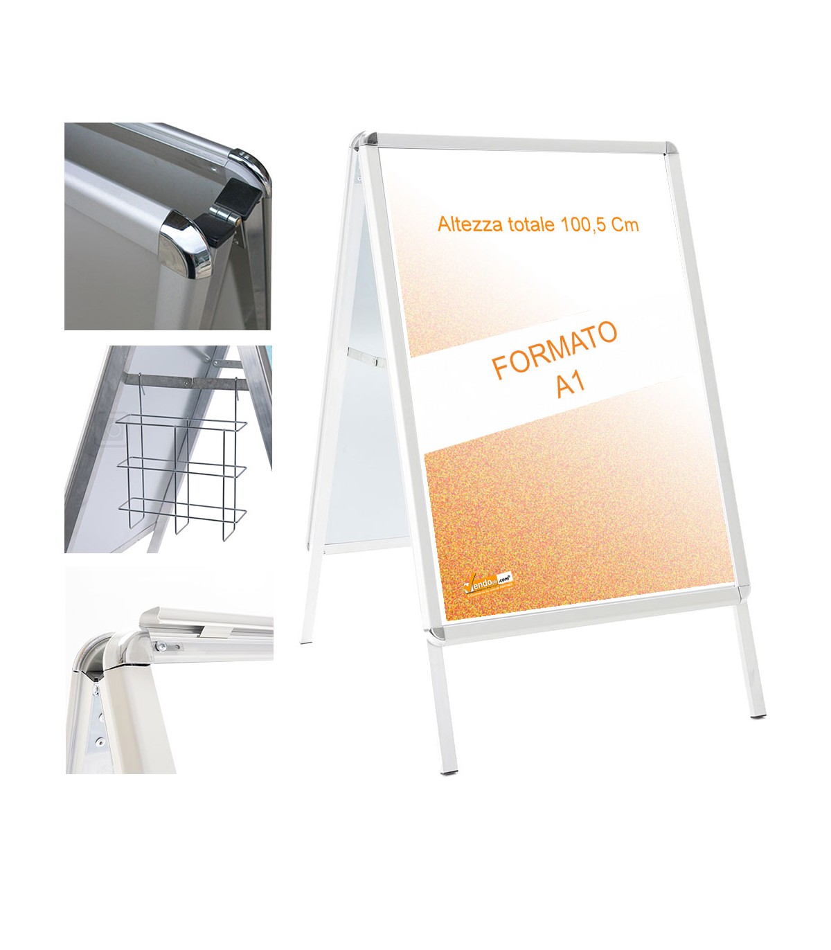 ESPOSITORE PUBBLICITARIO A CAVALETTO BIFACCIALE FORMATO A1 IN ALLUMINIO CON CORNICI A ASCATTO