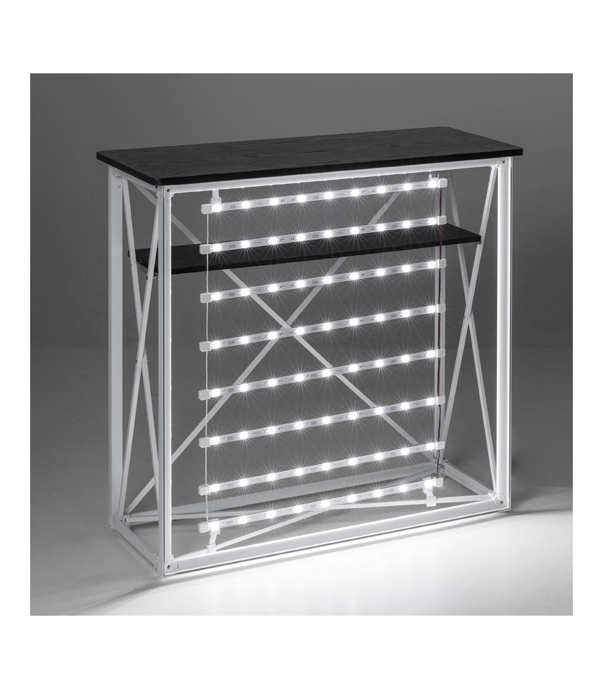 BANCHETTO DESK PROMOZIONALE PORTATILE ILLUMINAZIONE A LED CON TROLLEY GRAFICA PERSONALIZZABILE STAND FIERA EXPO