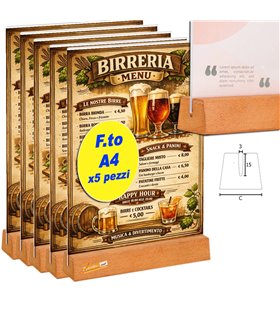 5 PZ PORTA AVVISI DA TAVOLO FORMATO A4 BANCO TRASPARENTE BIFACCIALE BASE IN LEGNO TASCA IN ACRILICO BAR PUB PANINOTECA BIRRERIA
