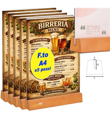 5 PZ PORTA AVVISI DA TAVOLO FORMATO A4 BANCO TRASPARENTE BIFACCIALE BASE IN LEGNO TASCA IN ACRILICO BAR PUB PANINOTECA BIRRERIA