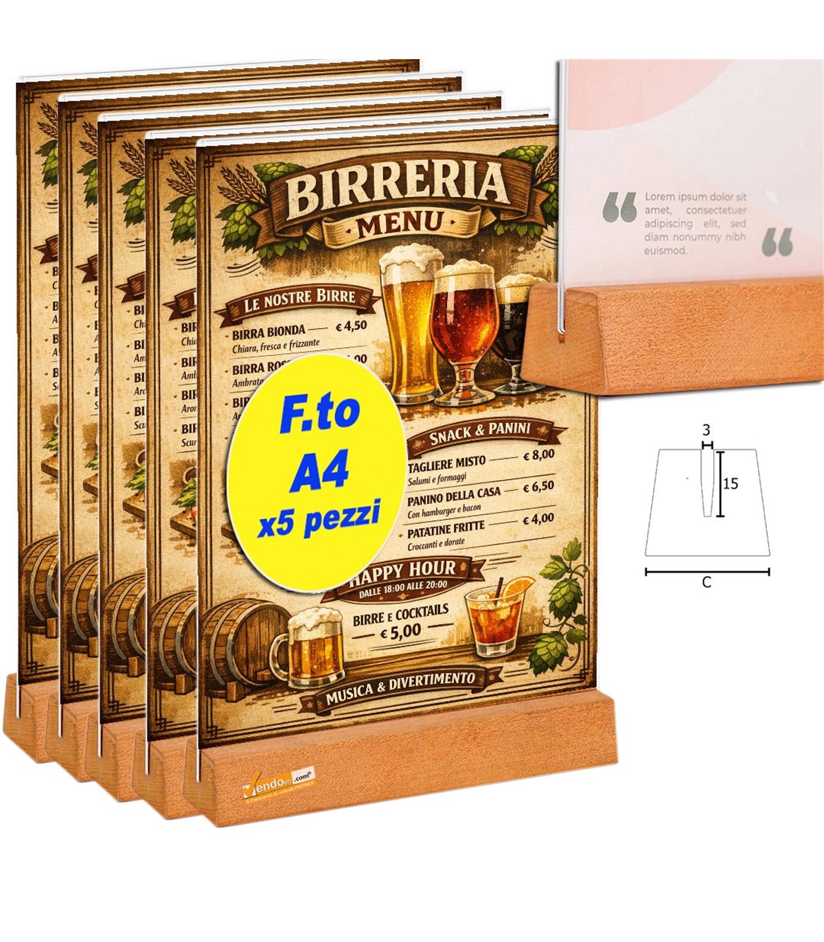 5 PZ PORTA AVVISI DA TAVOLO FORMATO A4 BANCO TRASPARENTE BIFACCIALE BASE IN LEGNO TASCA IN ACRILICO BAR PUB PANINOTECA BIRRERIA