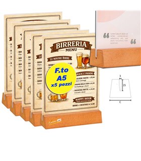 5 PZ PORTA AVVISI DA TAVOLO FORMATO A5 BANCO TRASPARENTE BIFACCIALE BASE IN LEGNO TASCA IN ACRILICO BAR PUB PANINOTECA BIRRERIA