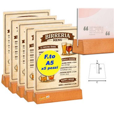 5 PZ PORTA AVVISI DA TAVOLO FORMATO A5 BANCO TRASPARENTE BIFACCIALE BASE IN LEGNO TASCA IN ACRILICO BAR PUB PANINOTECA BIRRERIA