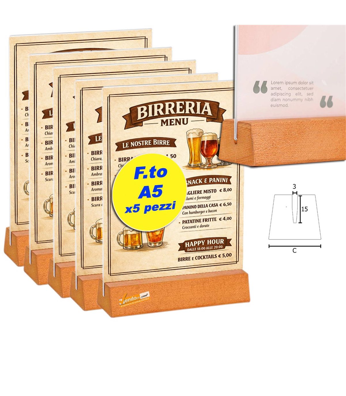 5 PZ PORTA AVVISI DA TAVOLO FORMATO A5 BANCO TRASPARENTE BIFACCIALE BASE IN LEGNO TASCA IN ACRILICO BAR PUB PANINOTECA BIRRERIA