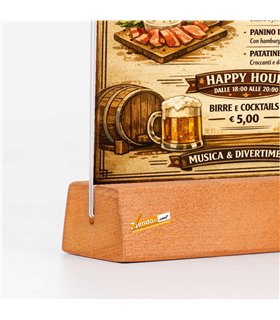 5 PZ PORTA AVVISI DA TAVOLO FORMATO A5 BANCO TRASPARENTE BIFACCIALE BASE IN LEGNO TASCA IN ACRILICO BAR PUB PANINOTECA BIRRERIA