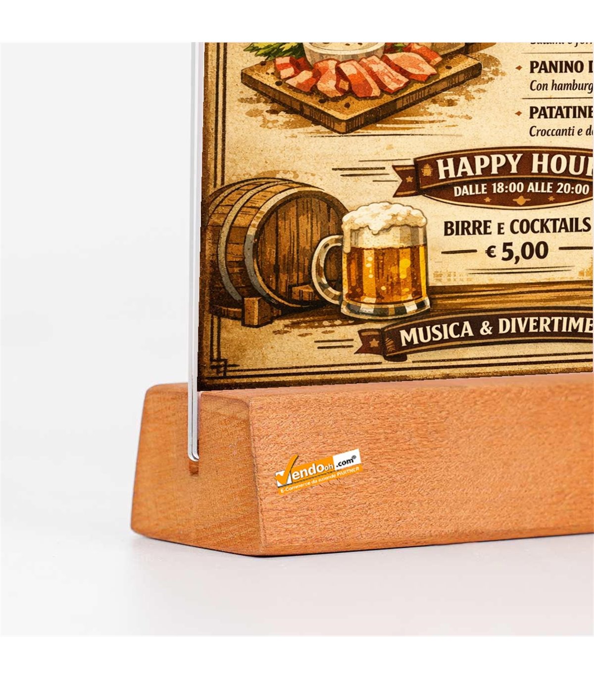 5 PZ PORTA AVVISI DA TAVOLO FORMATO A5 BANCO TRASPARENTE BIFACCIALE BASE IN LEGNO TASCA IN ACRILICO BAR PUB PANINOTECA BIRRERIA